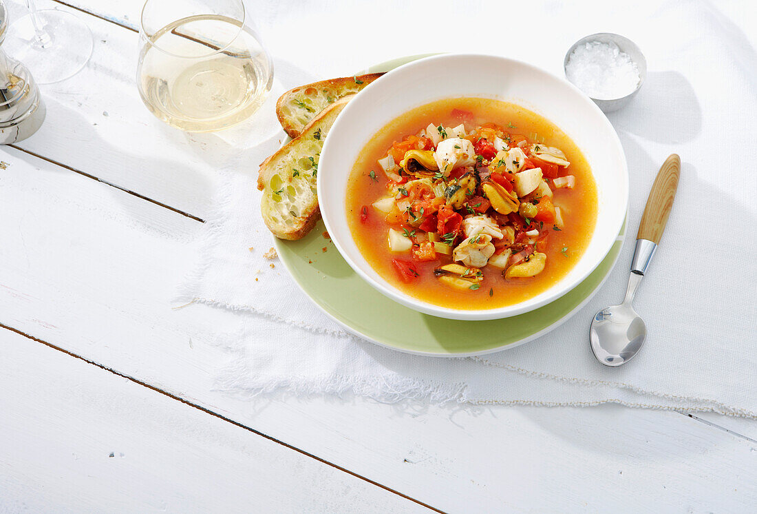 Bowl of Bouillabaisse with Toasted Bread