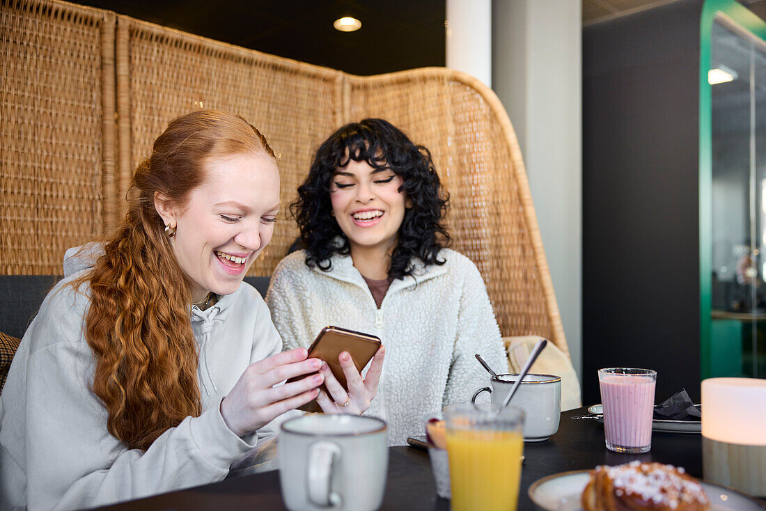 Smiling young women using phone and looking at social media in cafe
