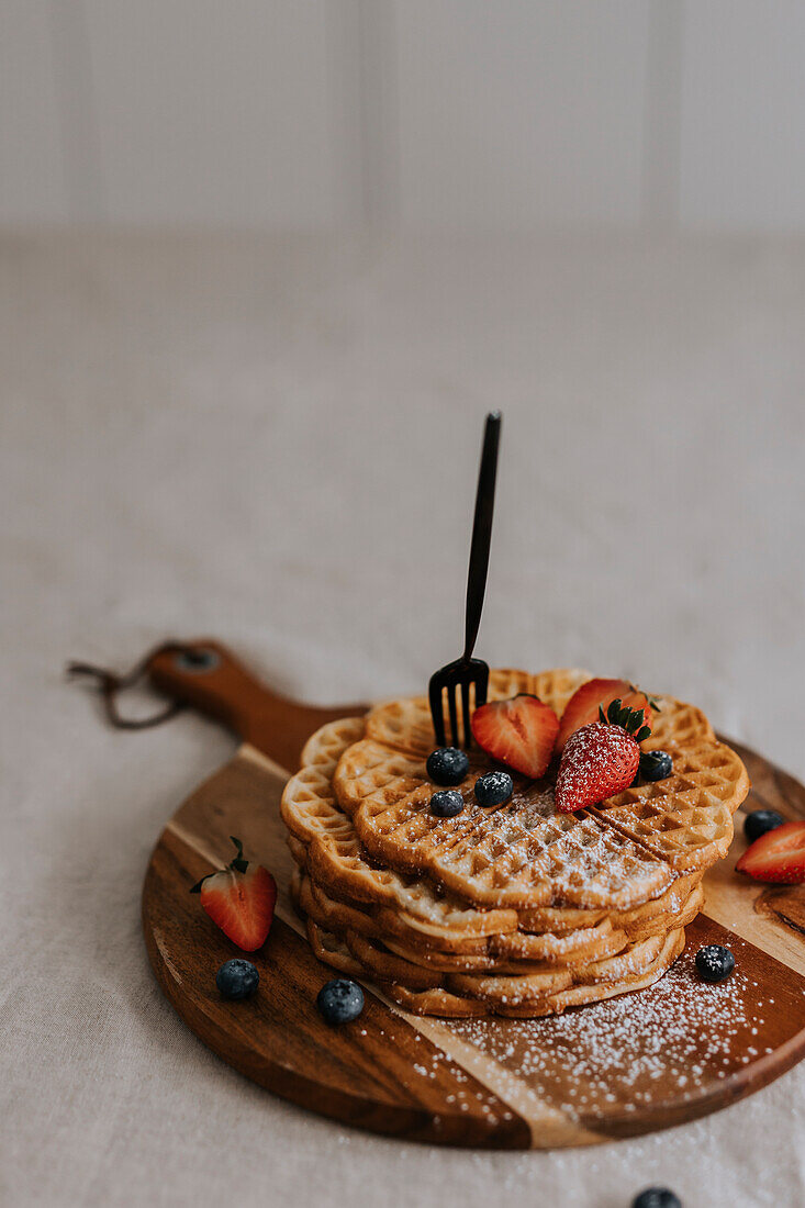 High angle view of waffles with fruits