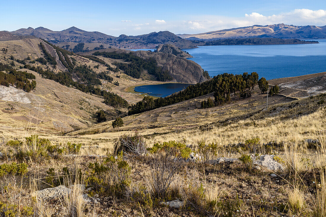 Copacabana, view of the landscape around the town, overlooking Lake Titicaca. 