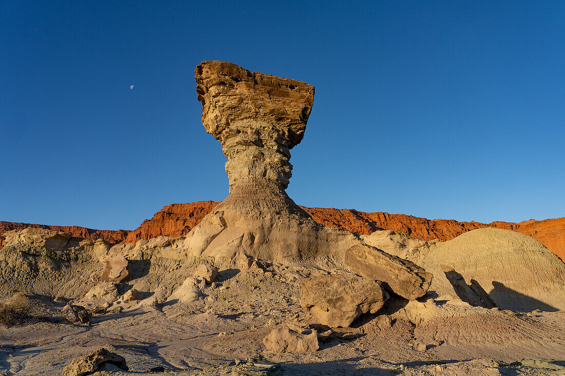 Moon over the Hongo or Mushroom, an eroded geologic formation in Ischigualasto Provincial Park, San Juan, Argentina.