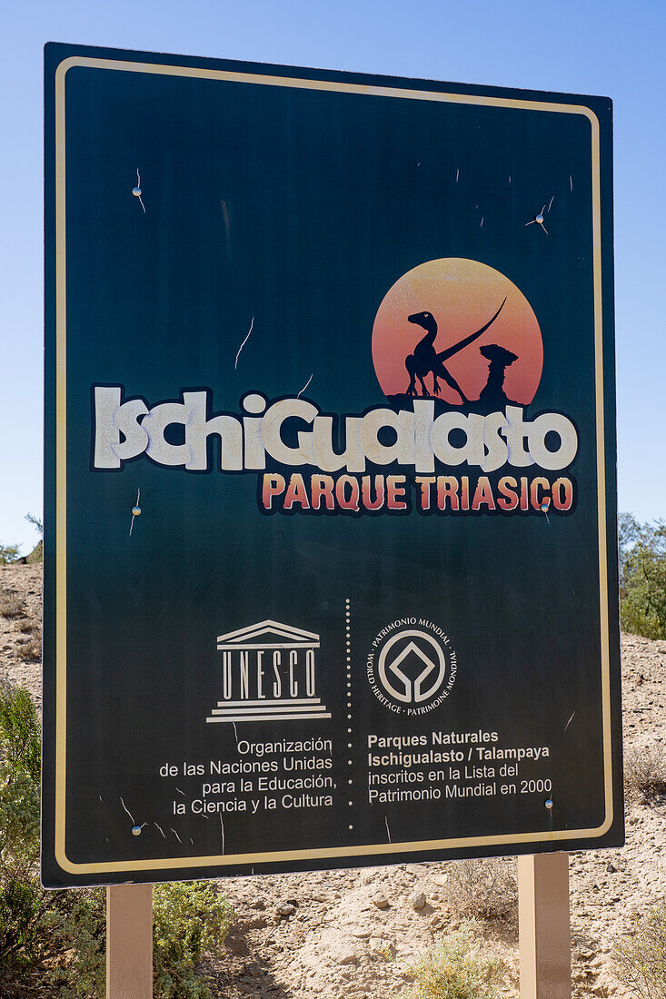 The entrance sign at Ischigualasto Provincial Park in San Juan Province, Argentina.