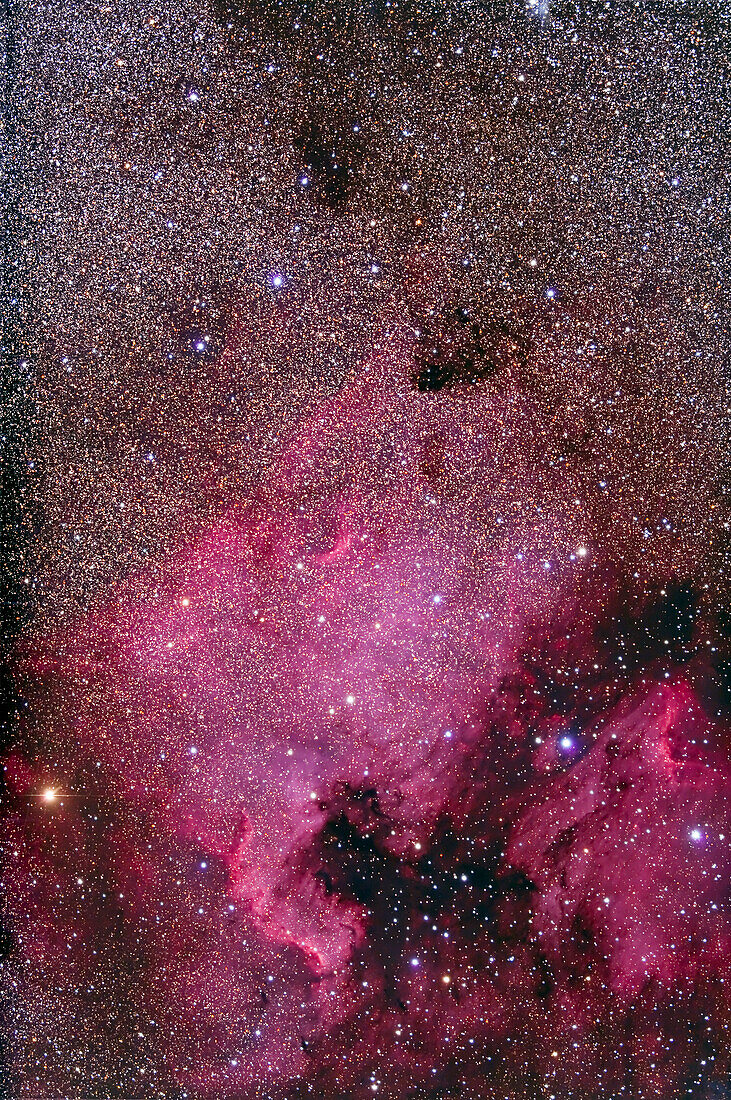 NGC 7000 und Pelikannebel mit TMB 92mm Apo und Canon 5D Mk II in einer herrlichen Nacht, mit einem Stack von 2 x 15 Minuten + 2 x 12 Minuten bei ISO400 und Borg 0,85x Flattener/Reducer für f/4,6. Die Standardbelichtung beträgt 12 Minuten, aber die Nacht war so gut, dass ich zwei 15-Minuten-Belichtungen ohne Probleme machen konnte.