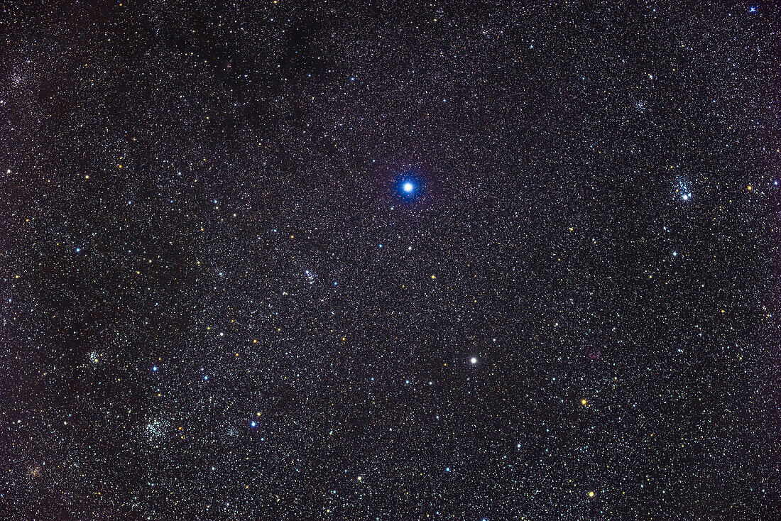 A framing of some of the main open star clusters in eastern Cassiopeia, including: NGC 663 at lower left and NGC 457 at upper right. NGC 457 is known as the Owl or ET Cluster. Above NGC 457 is smaller NGC 436 and above NGC 663 is smaller NGC 654. To the right of NGC 663 is NGC 659. Between NGC 663 and the bright blue star Ruchbah is Messier 103. The yellowed cluster in the extreme lower left corner is Be 6.