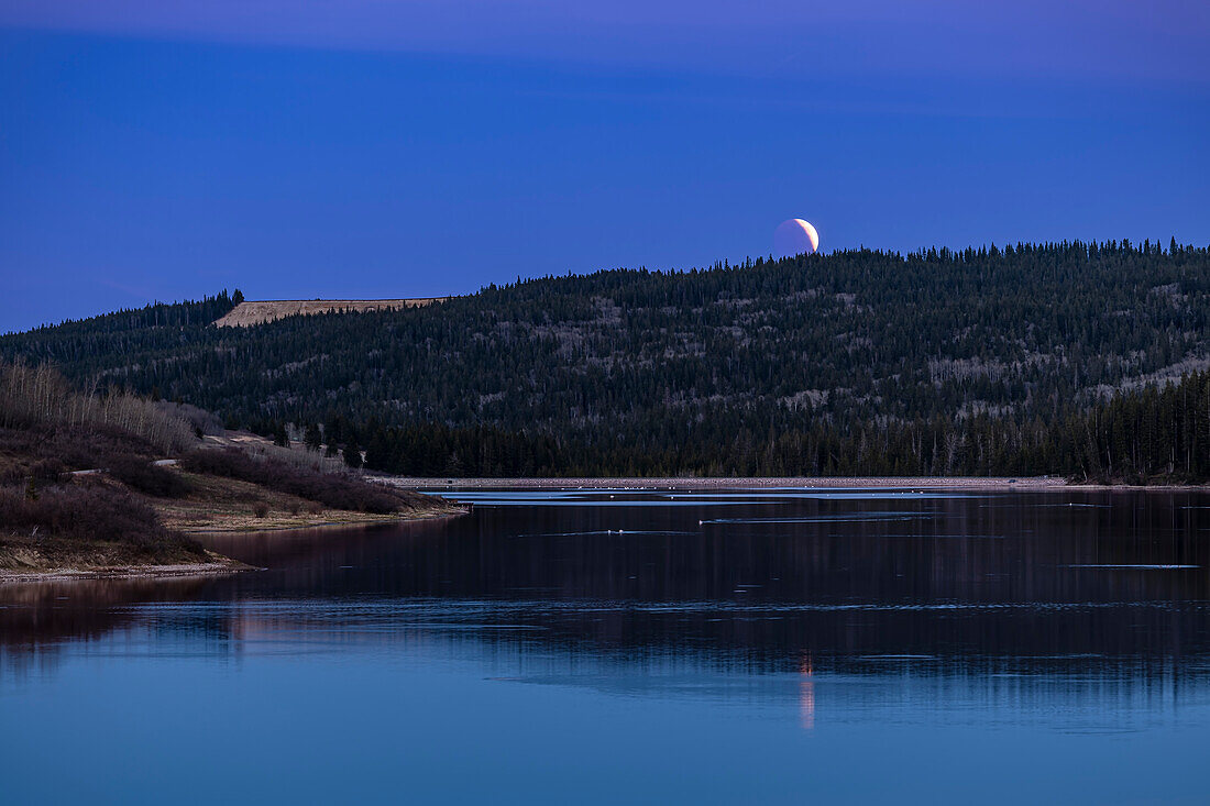 The eclipsed Full Moon rising over Reesor Lake in Cypress Hills Interprovincial Park, Alberta, on May 15, 2022. This was in the last stages of the partial eclipse, with a portion of the Moon's disk stlll illuminated by direct sunlight, but the rest in the red umbral shadow.