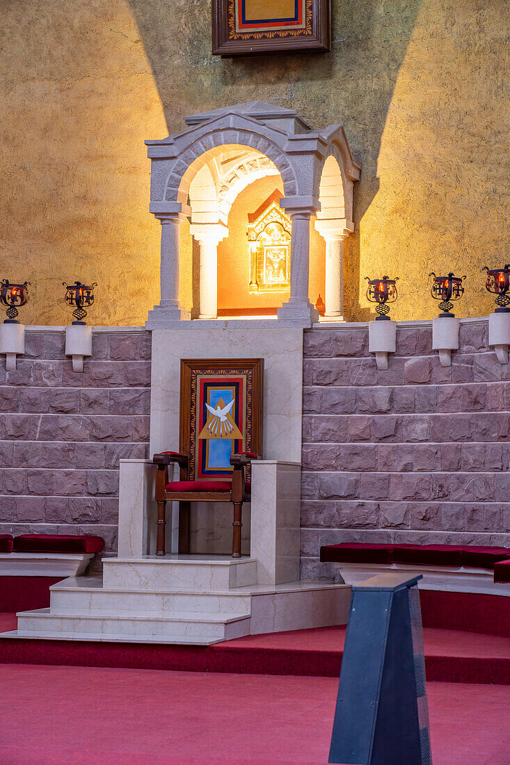 The bishop's chair or bishop's throne in the apse of the San Rafael Archangel Cathedral in San Rafael, Argentina.