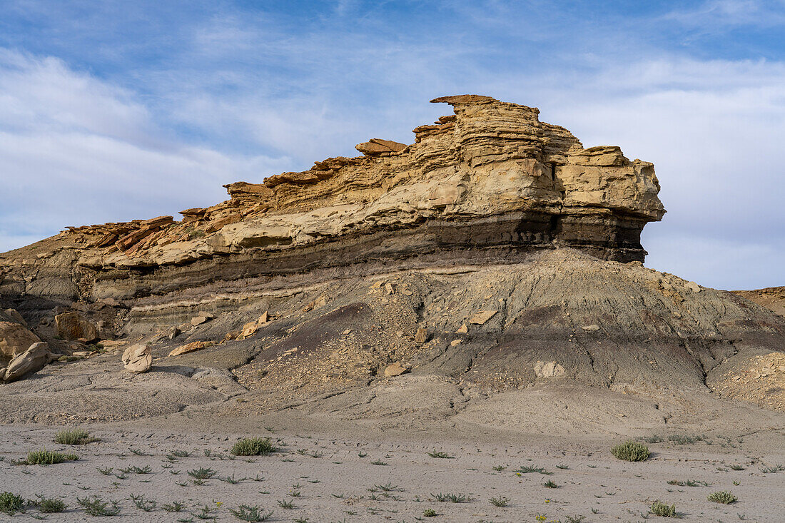 Ein Kohleflöz in den Schichten des Mancos Shale in der Factory Butte Recreation Area in der Caineville Wüste bei Hanksville, Utah.