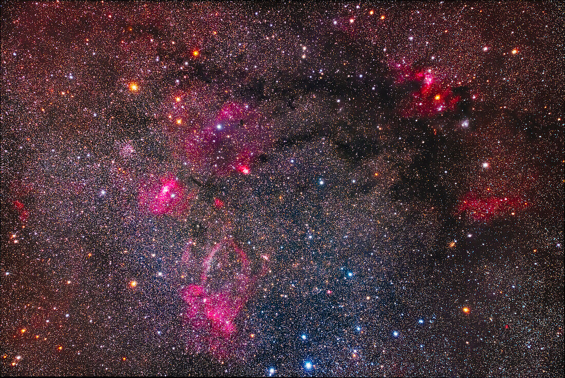 A collection of bright star clusters and colourful nebulas on the border of Cassiopeia and Cepheus.