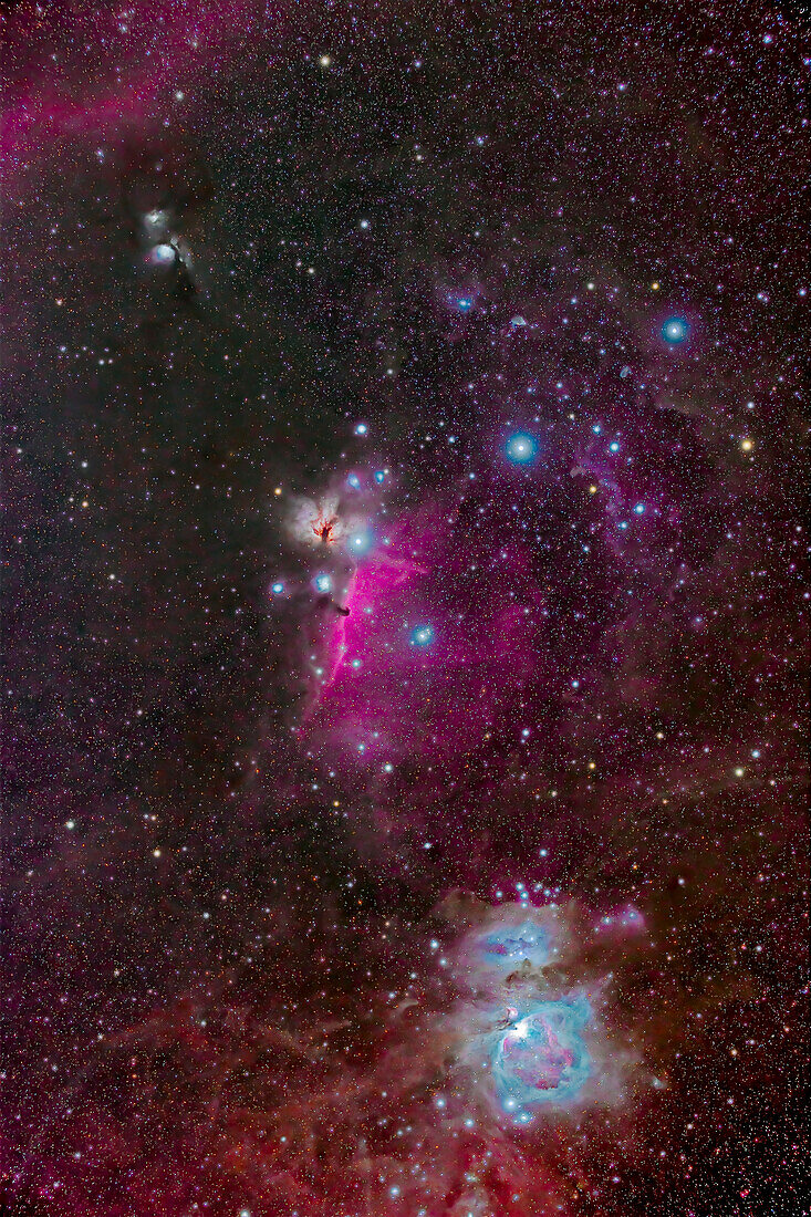 This is a portrait of the main nebulosity in Orion around the Belt and Sword, including: the Orion Nebula itself (at bottom), aka Messiers 42 and 43; the Running Man Nebula above (aka NGC 1973-5-7); the dark Horsehead Nebula (B33) silhouetted in front of the bright nebula IC 434; the Flame Nebula (NGC 2024) above Alnitak; and at top left the reflection nebulas Messier 78 and NGC 2071.
