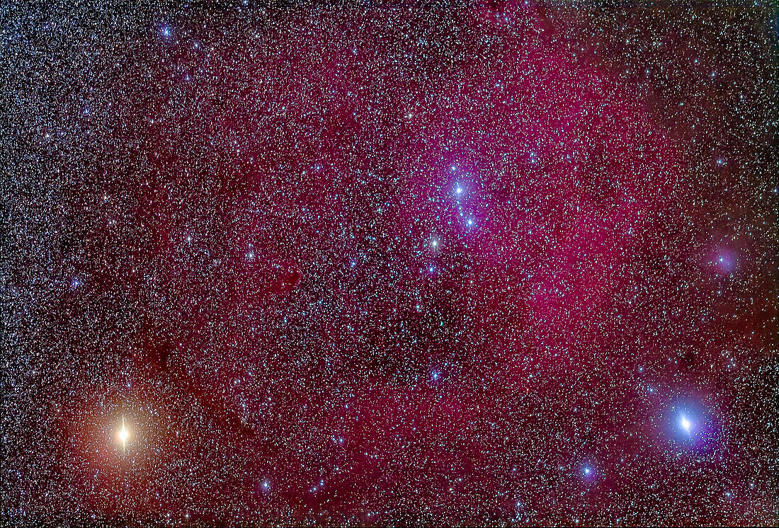 Das Gebiet des Kopfes des Orion mit dem großen Lambda-Orionis-Nebel, der den Stern Meissa oben umgibt, mit Betelgeuse (links) und Bellatrix (rechts) unten, mit dem Fornax Lightrack Tracker und 200mm Objektiv + Canon 5D MkII. Der offene Sternhaufen um Meissa ist Collinder 69.