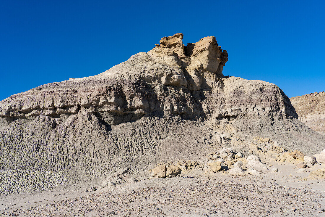 Eroded geologic formations in the barren landscape in Ischigualasto Provincial Park in San Juan Province, Argentina.