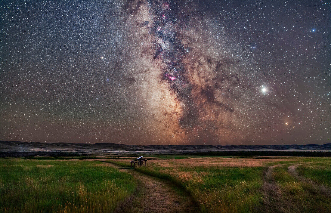 The core of the Milky Way in Sagittarius low in the south over the Frenchman River valley at Grasslands National Park, Saskatchewan. This is from the 76 Ranch Corral site. Grasslands is a Dark Sky Preserve.
