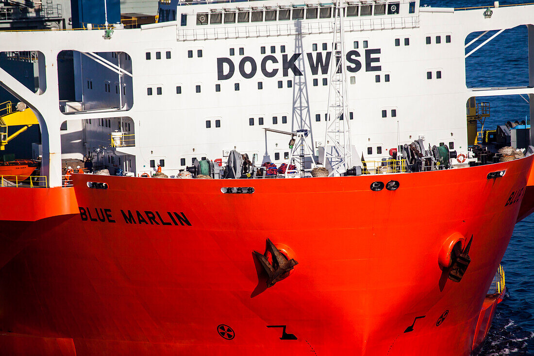 HMAS Adelaide on board the Blue Marlin heavy lift vessel. Shot taken while entering Port Phillip Bay, Australia