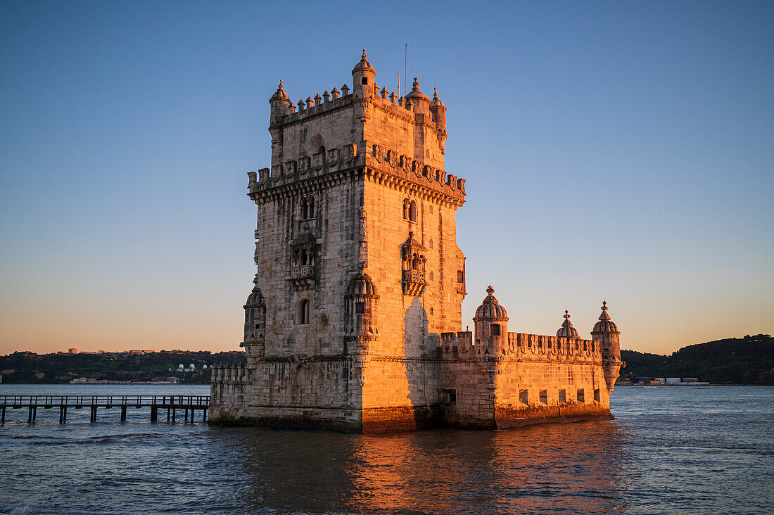 Belem Tower or Tower of St Vincent on the bank of the Tagus River at sunset, Lisbon, Portugal