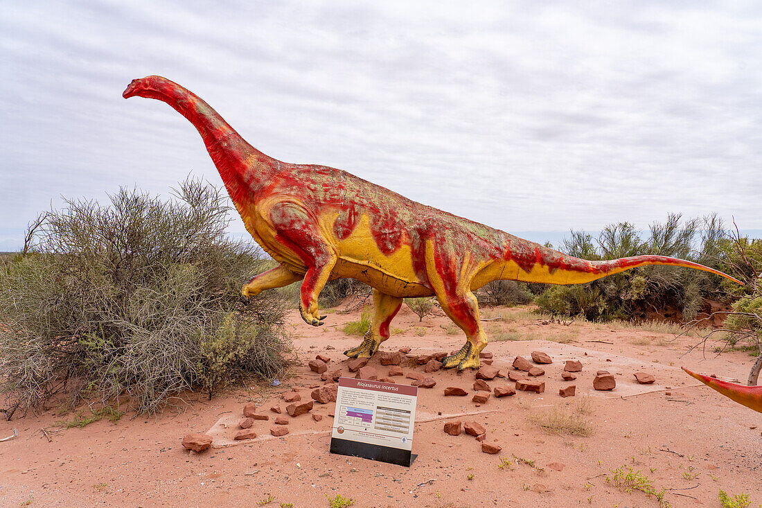 A model of a large Riojasaurus incertus on the Triassic Trail in Talampaya National Park, Argentina.