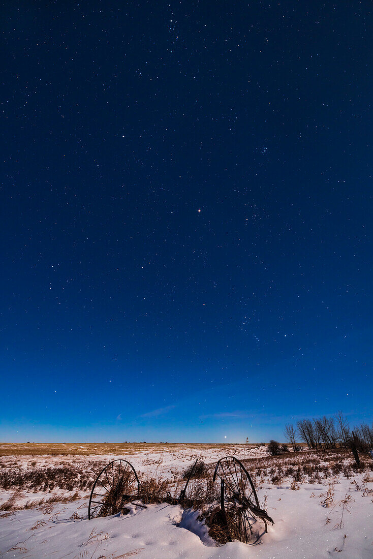 Der rote Planet Mars am Winterhimmel, beleuchtet vom zunehmenden Gibbous-Mond, rechts außerhalb des Bildes. Der Mars steht in der Mitte und ist 4 Tage vor seiner Opposition im Dezember 2022 fast am hellsten in diesem Jahr. Er erscheint im Stier, östlich der Hyaden, unterhalb der Plejaden und oberhalb des Orion. Sirius geht am unteren Rand knapp über dem Horizont auf. Procyon und Canis Minor befinden sich unten links, Castor und Pollux in Gemini darüber. Oben links befindet sich Capella in Auriga. Oben sind die Sterne des Perseus zu sehen.