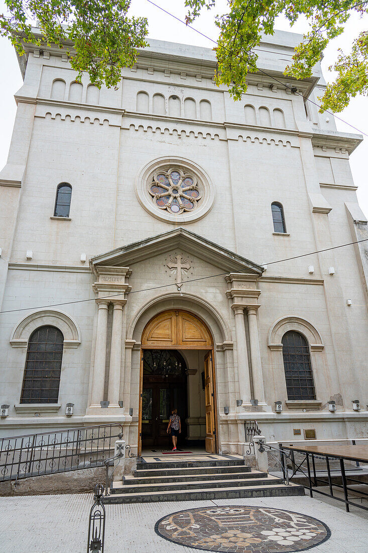 Facade of the neo-Romanesque style San Rafael Archangel Cathedral in San Rafael, Argentina.