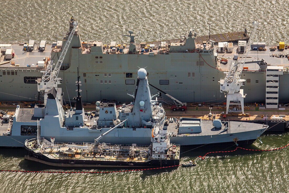 Aerial view of HMAS Canberra under construction in Williamstown, Melbourne.