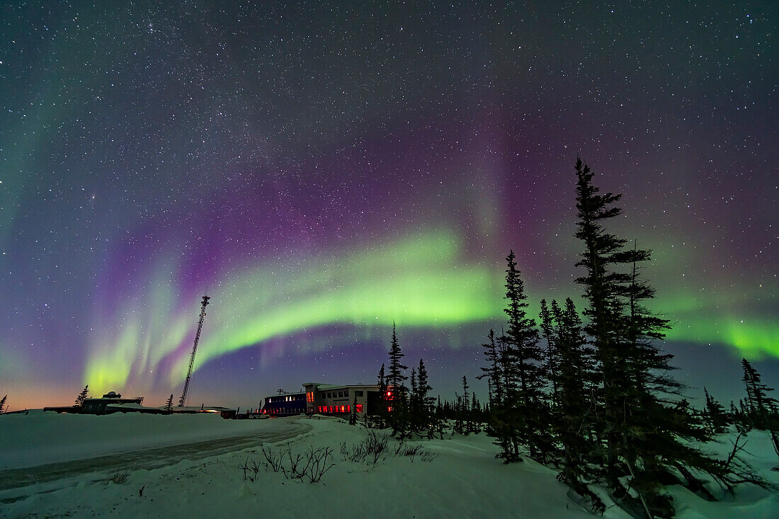 Ein pastellfarbenes Polarlicht über der Rocket Range Road und dem Northern Studies Centre in Churchill, Manitoba, 18. März 2020.