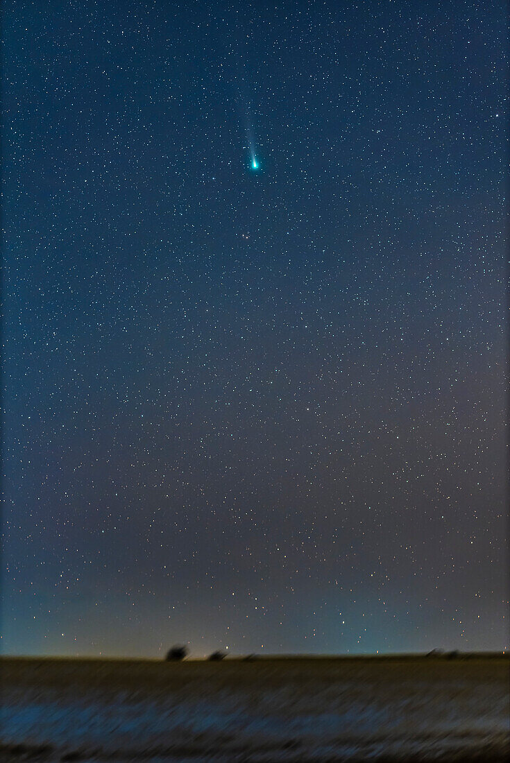 Komet Leonard (C/2021 A1) am Morgen des 10. Dezember 2021, mit einem 135-mm-Teleobjektiv für ein Sichtfeld von 10° x 15°. Der Schweif scheint hier etwa 4° lang zu sein. Die Aufnahme entstand gegen 5:45 Uhr MST. Die charakteristische blaugrüne Färbung der Koma des Kometen ist deutlich zu erkennen. Der Komet befand sich zu diesem Zeitpunkt in Serpens.
