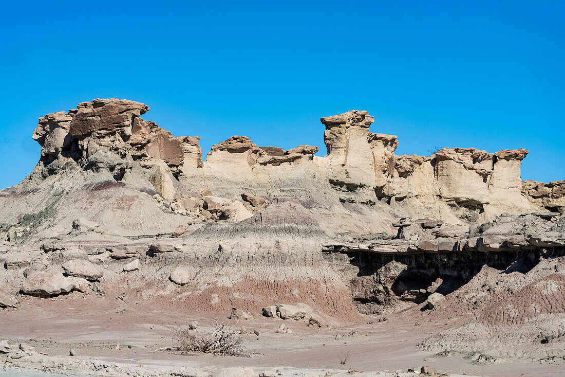 Eroded geologic formations in the barren landscape in Ischigualasto Provincial Park in San Juan Province, Argentina.