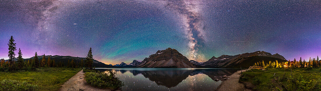 A 360° panorama of Bow Lake in Banff National Park, Alberta on a very dark and clear night, July 17, 2018. The Milky Way toward the galactic core lies above Bow Glacier at right. Saturn is reflected in the still waters.