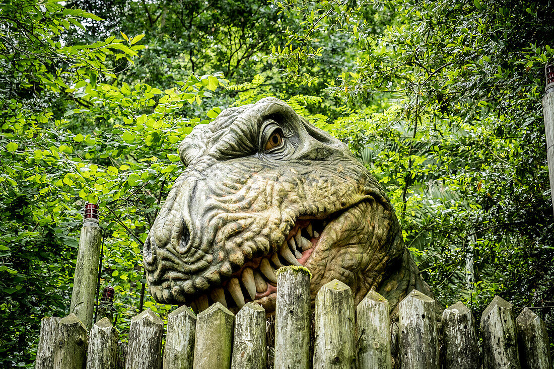 Karpin Fauna. Reproduction of a Tyrannosaurus Rex life-size in the area of the terrasauro in the wildlife center Karpin Fauna, Basque country, Spain. Karpin Fauna is a wildlife center that aims to give dignified lives to animals from illegal traffic, abandoned exotic pets and others of similar origin to raise awareness of this problem also has a terrasauro in which you can know some of the life-size dinosaur species that inhabited the land 65 million years ago.