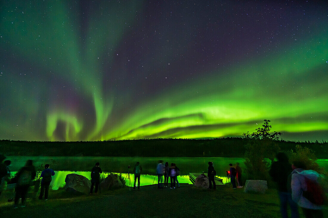 Eine Gruppe von Polarlichttouristen sieht sich das Schauspiel am Madeline Lake am Ingraham Trail in der Nähe von Yellowknife, NWT, an, einem beliebten Ort für die Busladungen von Besuchern, die jede Nacht herumgefahren werden. Der Große Wagen steht in der Mitte.