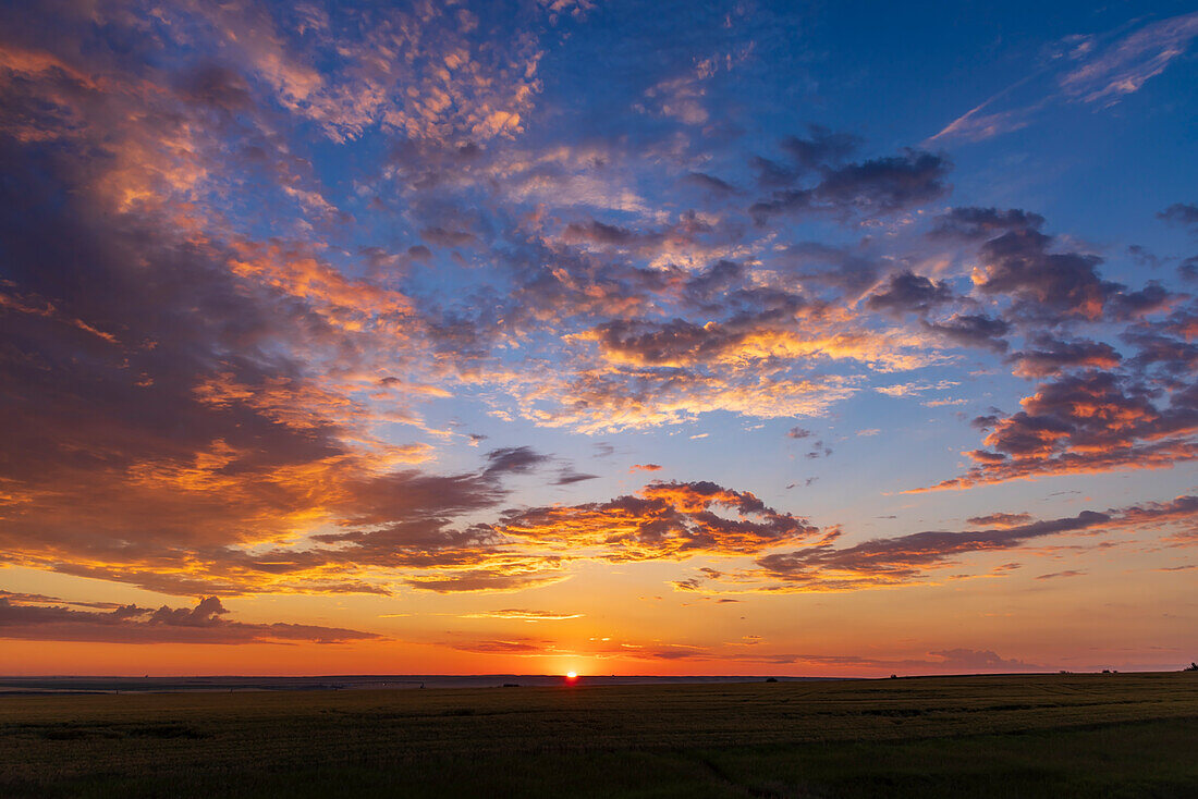 A colourful sunrise scene on August 12, 2022, taken from home on the Alberta prairie taken just as the Sun came up. This might be an image useful for sky replacement or a background image.