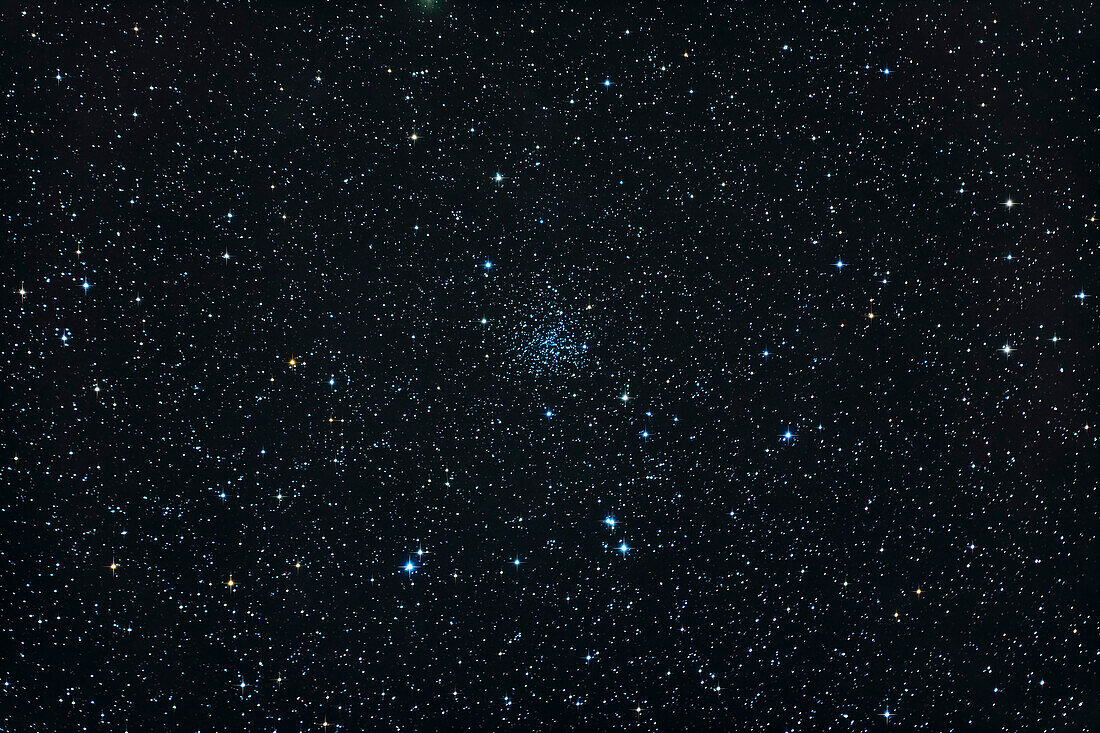 The open star cluster NGC 188, in Cepheus, one of the oldest such objects known, with an estimated age of 9 billion years. NGC 188 has lasted so long as it is well above the plane of the Galaxy near the North Celestial Pole, and so free of the disruptive tidal effects of the Milky Way.