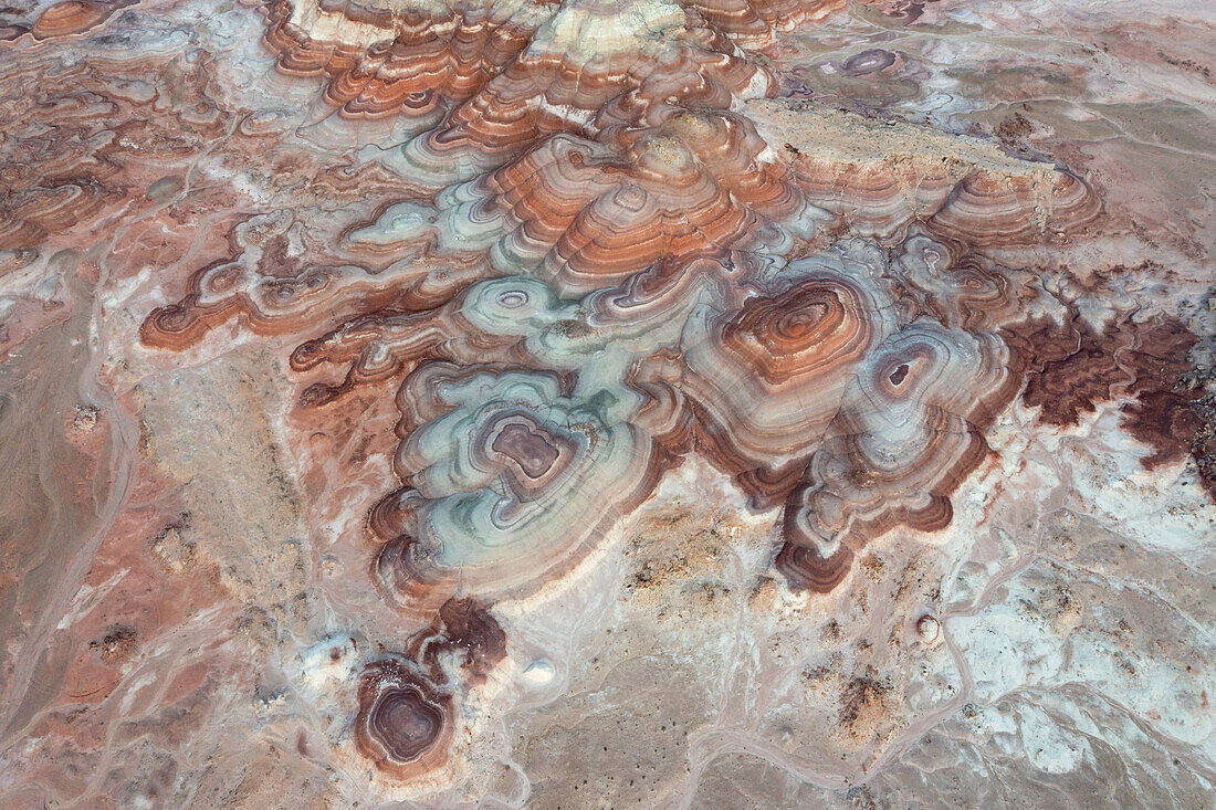 Aerial view of the colorful Bentonite Hills, near Hanksville, Utah.