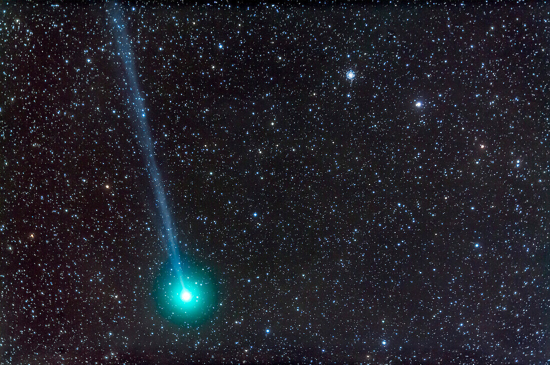 Comet Lovejoy (C/2104 Q2) on the night of Dec. 27/28, 2014, as it was approaching the globular cluster M79 at upper right, in Lepus. This is a stack of 5 x 3 minute exposures at ISO 2500 with the Canon 5D MkII and TMB 92mm refractor at f/4.4. Taken from near Silver City, New Mexico.