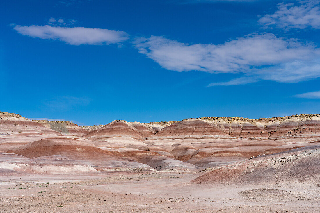 Bunt gestreifte Bentonit-Tonhügel der Morrison-Formation in der Caineville-Wüste bei Hanksville, Utah.