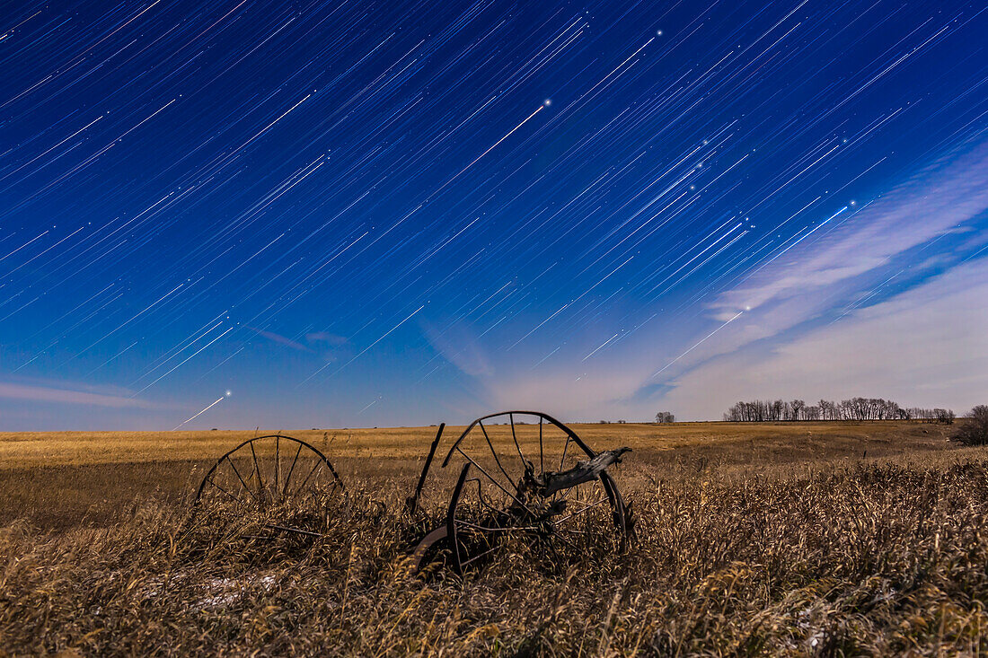 Orion, at right, rising in star trails behind the old plough, at home, on a bright moonlit night in November, with light from a waxing gibbous Moon. Procyon is just rising above the horizon at left. Clouds from incoming winter weather bringing snow are intruding at right. Exposures started about 7:30 pm with Orion just starting to rise, and ended at about 10 pm with Orion at upper right in the frame.