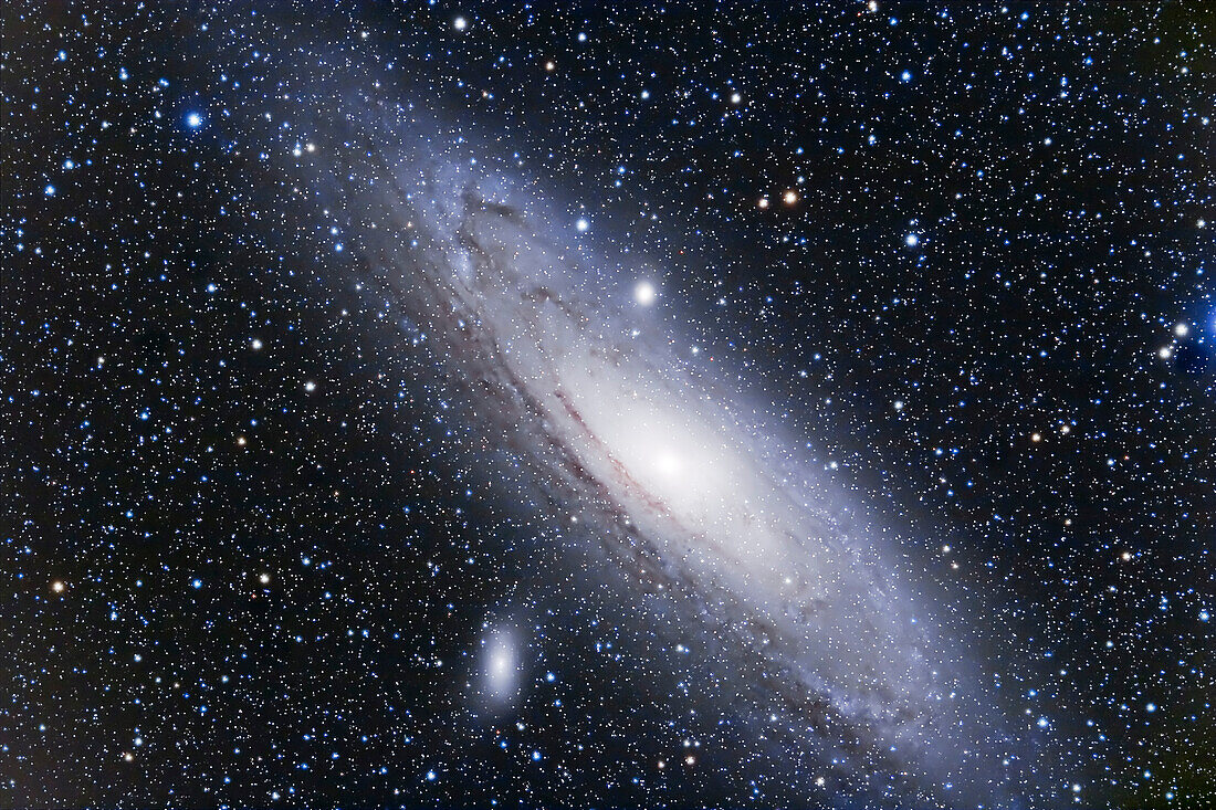 M31 Andromeda Galaxy, with TMB 92mm apo refractor and Borg 0.85x reducer/flattener for f/4.8 and Canon 20Da camera at ISO400 for 2 x 15 minute exposures. North is at bottom, south at top (better balance with this framing)