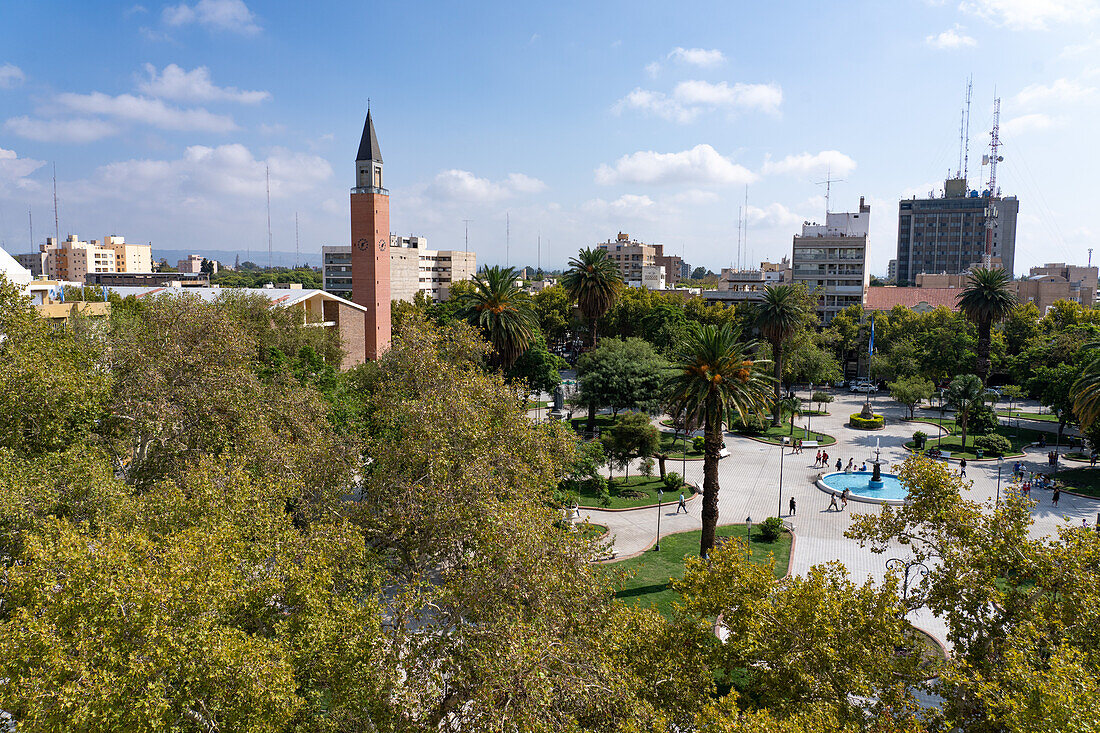 The Plaza 25 de Mayo, the main square in the center of San Juan, Argentina. At left is the cathedral bell tower.