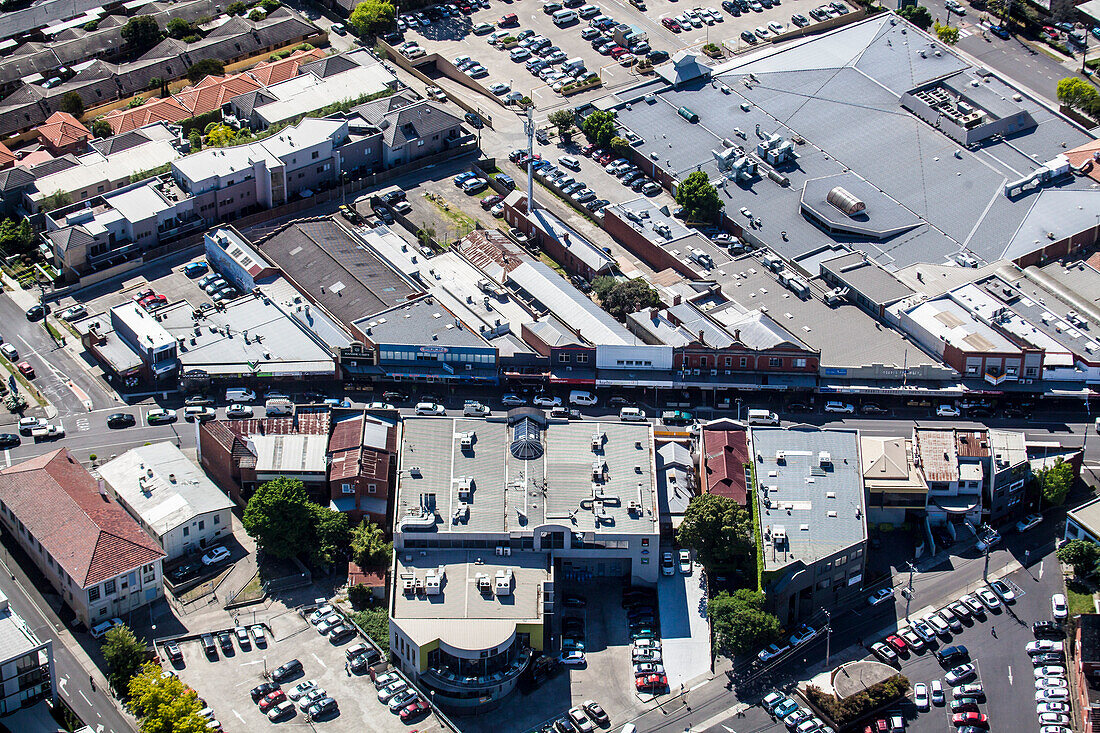 Close up aerial view of Upper Heidelberg Road in Ivanhoe, Victoria, Australia