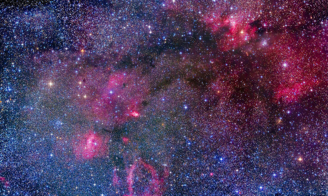 A mosaic of the region in Cassiopeia and Cepheus containing the main nebulas: the Bubble Nebula (NGC 7635) at lower left, and the Cave Nebula (Sh 2-155) at upper right. At left is also the bright Messier open cluster M52. The small yellowish cluster at right is NGC 7419. The small cluster at lower centre is NGC 7510. The small nebula just left of centre is NGC 7538.