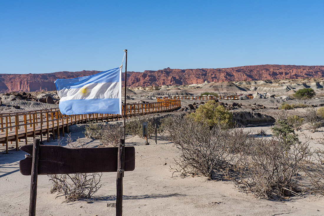 Argentinische Flagge und Promenade durch erodierte geologische Formationen im Ischigualasto Provincial Park, San Juan, Argentinien.