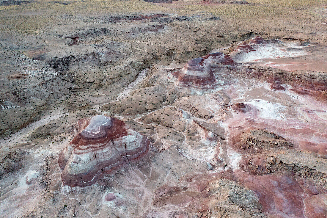 Aerial view of the colorful Bentonite Hills before dawn, near Hanksville, Utah.