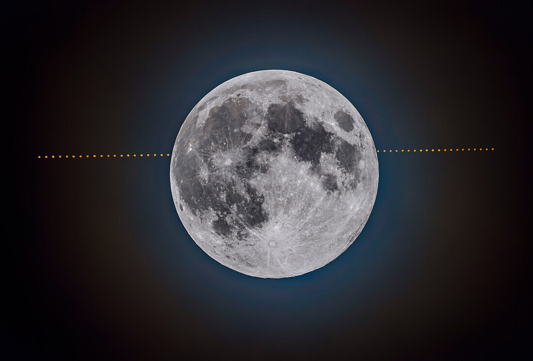 This is the occultation of Mars by the Full Moon on December 7, 2022, in a composite showing the motion of Mars relative to the Moon. The motion here is from left to right. However, while this composite makes it look like Mars was doing the moving, it was really the Moon that was passing in front of Mars. But for this sequence I set the telescope mount to track the Moon at its rate of motion against the background stars and Mars, to keep the Moon more or less stationary on the frame while Mars and the background sky passed behind it.