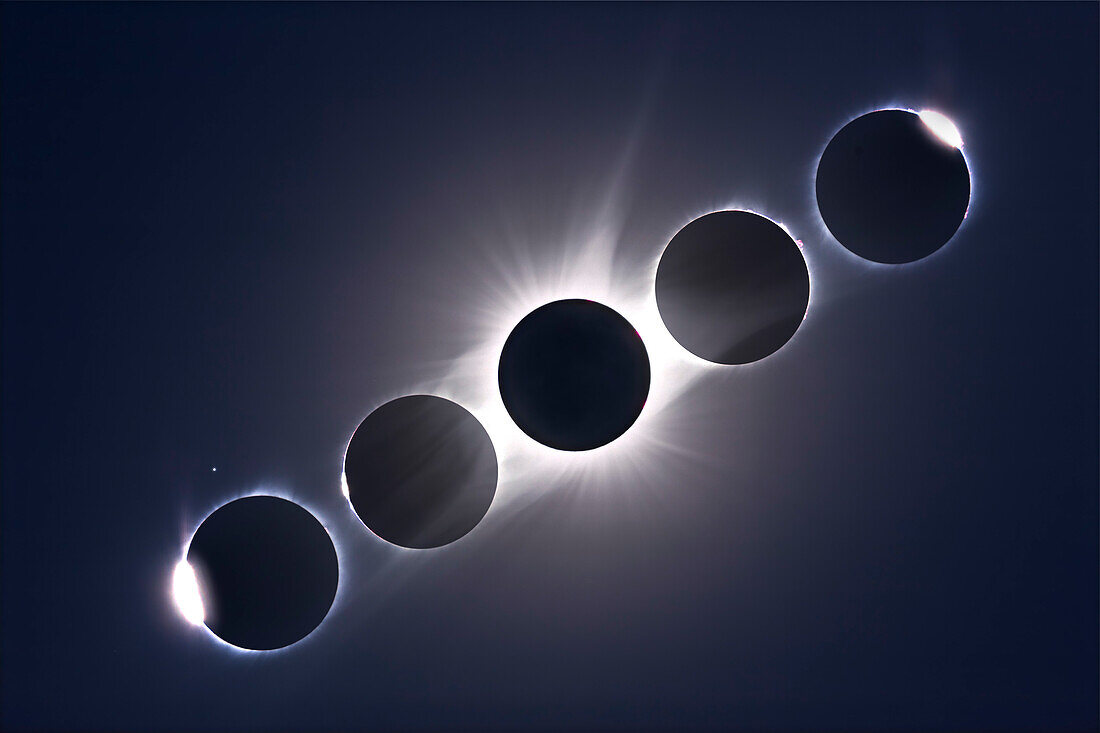 A composite of the August 21, 2017 total eclipse of the Sun, showing the second and third contact diamond rings and Baily’s Beads at the start (left) and end (right) of totality, flanking a composite image of totality itself. The diamond ring and Baily’s Beads images are single images.