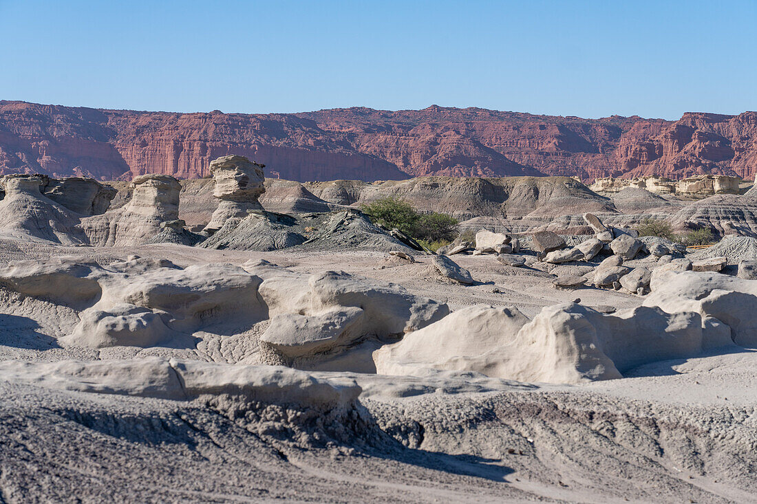 Erodierte geologische Formationen in der kargen Landschaft im Ischigualasto Provincial Park in der Provinz San Juan, Argentinien.