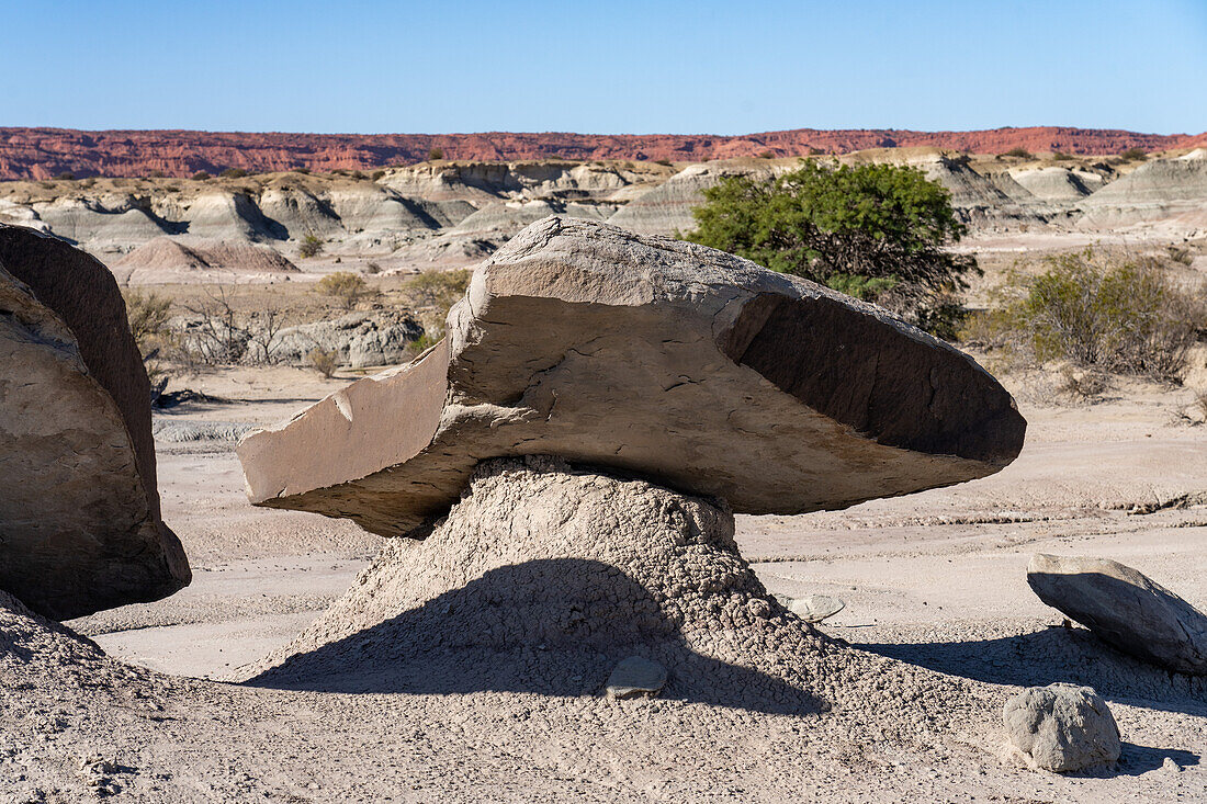 Eine Sandsteinplatte balanciert auf einem erodierten Erdpfeiler im Ischigualasto Provincial Park in der Provinz San Juan, Argentinien.