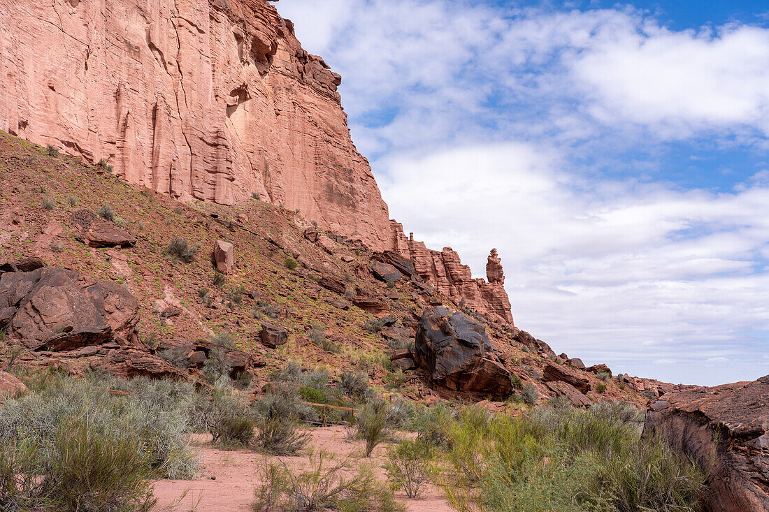 A rock spire in the Talampaya Formation sandstone at the Puerta del Cañon in Talampaya National Park, Argentina.