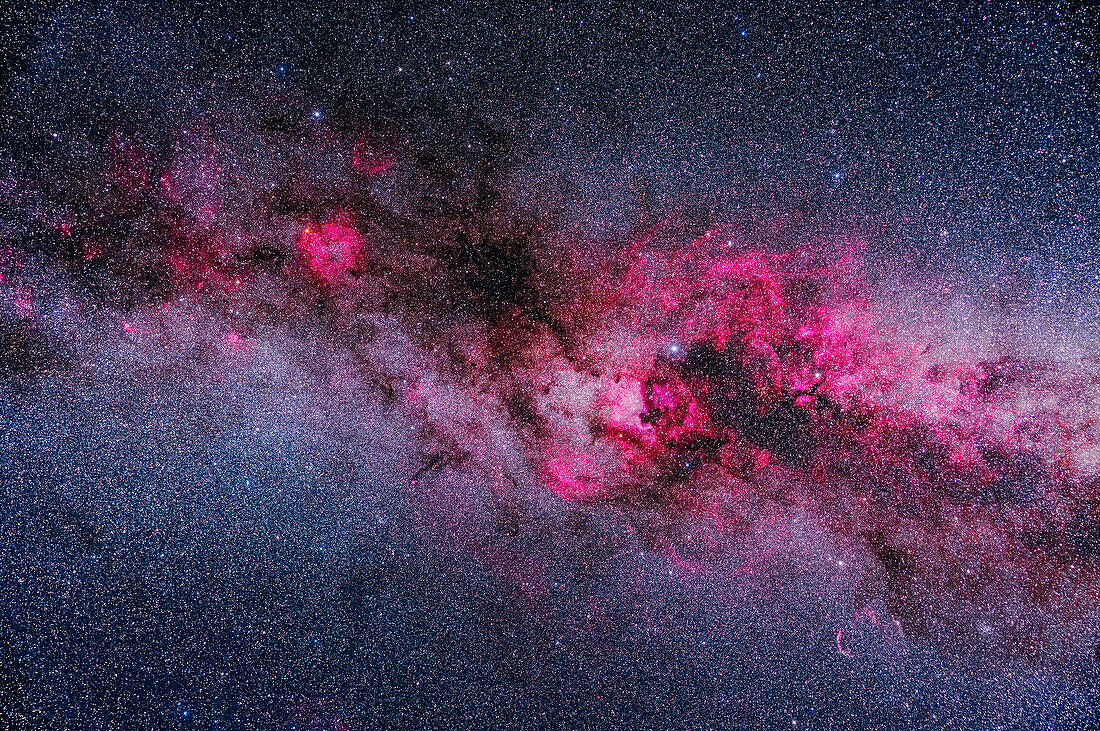 Eine Rahmung der Hauptgebiete von hellem und dunklem Nebel in Cygnus und Cepheus, die rosa Emissionsnebel im Kontrast zu dunklen staubigen Regionen im Cygnus und in den Perseus-Armen der Milchstraße zeigt. Cepheus befindet sich oben links; der nördliche Cygnus ist rechts, mit der hellen Cygnus-Sternwolke rechts von der Mitte. Die Rötung (oder Gelbfärbung) durch interstellaren Staub in den Spiralarmen der Milchstraße ist offensichtlich.
