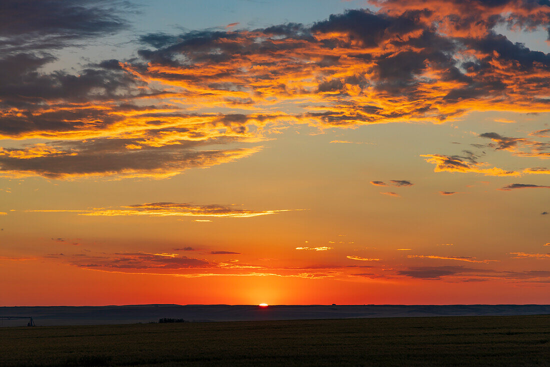 Eine farbenfrohe Sonnenaufgangsszene am 12. August 2022, aufgenommen von zu Hause in der Prärie von Alberta, als die Sonne gerade aufging. Dieses Bild könnte als Himmelsersatz oder als Hintergrundbild nützlich sein.