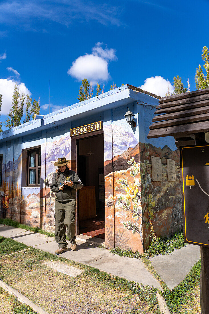 A park ranger in front of the visitors center of El Leoncito National Park in Argentina.