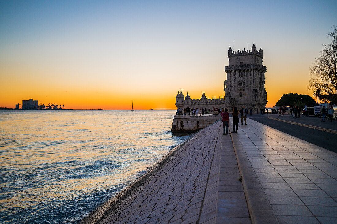 Belem Tower or Tower of St Vincent on the bank of the Tagus River at sunset, Lisbon, Portugal