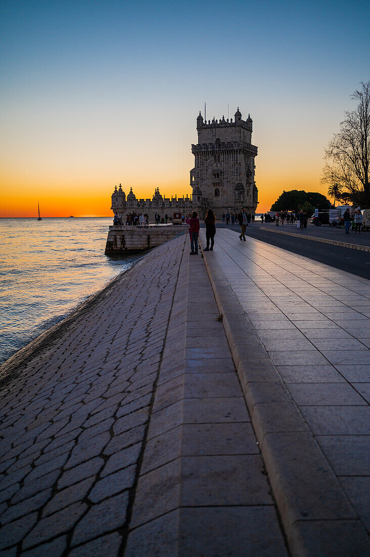 Belem Tower or Tower of St Vincent on the bank of the Tagus River at sunset, Lisbon, Portugal